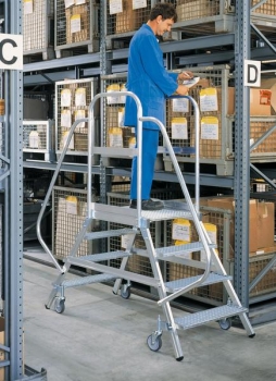 Aluminium-Podesttreppe beidseitig begehbar, Stufen- und Plattformausführung: Stahl-Gitterrost